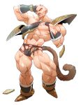  1boy abs absurdres armor ass_visible_through_thighs bald bara bodysuit broken_armor bulge covering covering_chest dragon_ball dragon_ball_z facial_hair frown full_body hand_on_own_head highres large_pectorals male_focus manboobs mature_male monkey_tail muscular muscular_male mustache nappa navel pectorals solo stomach supobi tail thick_eyebrows thick_thighs thighs torn_bodysuit torn_clothes 