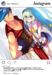  2boys abs angry blue_dress blue_eyes blue_hair blush bridget_(guilty_gear) bridget_(guilty_gear)_(cosplay) cosplay crossdressing dress embarrassed forehead_protector galo_thymos gloves green_hair guilty_gear habit hands_on_own_hips height_difference highres instagram lio_fotia looking_at_viewer multiple_boys muscular muscular_male otoko_no_ko pectoral_cleavage pectorals promare purple_eyes ribbon short_hair sleeveless sleeveless_dress sol_badguy sol_badguy_(cosplay) translation_request v_arms wrist_cuffs yellow_ribbon yuno_setouchi 