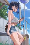  1girl archinoer bandaid bandaid_on_arm bare_shoulders black_hair blue_hair blue_nails blue_shorts blurry blurry_background breasts colored_inner_hair crop_top denim denim_shorts ear_piercing hair_ornament hairclip highres holding holding_phone hololive hololive_english industrial_piercing large_breasts looking_at_phone medium_hair midriff multicolored_hair nail_polish navel no_bra ouro_kronii outdoors phone piercing shirt short_shorts shorts solo torn_clothes torn_shorts underboob virtual_youtuber 