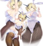  1girl animal_ears armpits arms_up ass black_pantyhose blonde_hair blue_eyes braid breasts cameltoe colorado_(kancolle) commentary_request crown_braid fake_animal_ears fake_tail headgear high_heels highleg highleg_leotard kantai_collection kiyama_satoshi large_breasts leotard looking_at_viewer multiple_views pantyhose playboy_bunny rabbit_ears rabbit_tail short_hair tail v white_background white_footwear white_leotard white_wrist_cuffs 