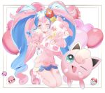  1girl azuki_anko balloon blue_skirt bull_sprite_(pokemon) cardigan clefairy_sprite_(pokemon) fairy_miku_(project_voltage) fish_sprite_(pokemon) flower fossil_sprite_(pokemon) hair_flower hair_ornament hatsune_miku highres jigglypuff kneeling long_hair looking_at_viewer multicolored_hair one_eye_closed pink_cardigan pink_footwear poke_ball pokemon pokemon_(creature) project_voltage scrunchie skirt smile twintails two-tone_hair v very_long_hair vocaloid wrist_scrunchie 