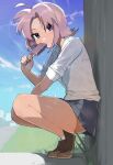  100_percent_orange_juice blue_skirt brown_footwear commission eating elliequest food full_body highres ice_cream panties pantyshot popsicle purple_eyes purple_hair shirt skirt squatting tomomo_(orange_juice) underwear white_panties white_shirt 