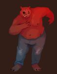  2023 absurd_res anthro barefoot bear bottomwear bowing brian_(echo) chuchowriggle_(artist) clothing digital_media_(artwork) echo_(series) echo_project feet full-length_portrait hi_res male mammal moobs nipples open_mouth open_smile overweight overweight_anthro overweight_male pants portrait red_light shirtless_male simple_background smile solo standing 