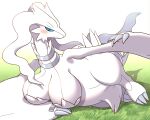  7nulls absurd_res big_breasts blue_eyes blush breasts chest_tuft claws crotch_tuft female fur generation_5_pokemon grass_field hi_res legendary_pokemon lying nintendo on_side pokemon pokemon_(species) reshiram semi-anthro simple_background solo tuft white_body white_fur winged_arms wings 