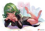  1girl artist_name ass barefoot black_dress breasts closed_mouth dated dress feet feet_up flower full_body green_eyes green_hair long_sleeves looking_at_viewer lying medium_breasts on_stomach one-punch_man patreon_username pink_flower qblade short_hair signature smile soles solo tatsumaki the_pose toes 