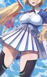  1girl aki_rosenthal blonde_hair blush breasts dalcom frilled_sleeves frills head_out_of_frame high-waist_skirt highres hololive large_breasts long_hair necktie open_mouth pleated_skirt short_sleeves skirt solo thighhighs thighs virtual_youtuber 