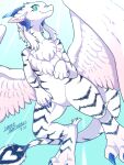  &lt;3 3:4 3_toes 5_fingers ambiguous_gender anthro black_striped_fur black_stripes blue_claws blue_toe_claws chest_tuft claws dated digital_media_(artwork) dragon english_text feathered_wings feathers featureless_crotch feet fingers fur furred_dragon green_eyes hair heart_(marking) hi_res horn koto0v0haru nude simple_background smile solo striped_body striped_fur stripes tail text toe_claws toes tuft white_body white_fur white_hair wings 