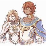  1boy 1girl armor blue_cape breastplate brown_eyes cape choker closed_mouth collarbone cropped_torso dohalim_(tales) frown hair_between_eyes highres kisara_(tales) light_brown_hair long_hair mishiro_(andante) orange_eyes red_hair shirt short_hair shoulder_armor sketch tales_of_(series) tales_of_arise twitter_username upper_body white_background white_shirt yellow_choker 