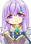  1girl book chibi circlet dress fire_emblem fire_emblem:_genealogy_of_the_holy_war gem holding holding_book jewelry julia_(fire_emblem) julia_(resplendent)_(fire_emblem) long_hair official_alternate_costume purple_eyes purple_hair simple_background smile solo turning_page yukia_(firstaid0) 