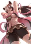  1girl ahoge animal_ears armpits arms_up backlighting bangs bare_arms bear_ears bear_girl bear_tail bike_shorts bike_shorts_under_skirt black_hair breasts brown_eyes closed_mouth coat cuffs dutch_angle ezo_brown_bear_(kemono_friends) floating_hair from_below fur_cuffs grey_hair hair_between_eyes headband headband_removed highres holding holding_clothes holding_headband holding_microphone kemono_friends long_hair looking_at_viewer medium_breasts microphone multicolored_hair necktie okyao open_clothes open_coat shirt solo tail torn_clothes torn_sleeves twintails very_long_hair 