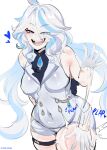  1girl absurdres ahoge ascot blue_eyes furina_(genshin_impact) gem genshin_impact gloves hair_between_eyes highres kurenaiz1 looking_at_viewer multicolored_hair sharp_teeth smug teeth white_background white_gloves white_hair 