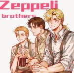  3boys alternate_hairstyle battle_tendency blonde_hair brothers brown_hair caesar_anthonio_zeppeli cup facial_mark green_eyes highres holding holding_cup jojo_no_kimyou_na_bouken male_focus multiple_boys ponytail siblings smile suspenders zhoujo51 