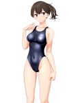  1girl absurdres black_one-piece_swimsuit breasts brown_eyes brown_hair clothes_writing commentary_request competition_swimsuit covered_navel cowboy_shot feet_out_of_frame highres kaga_(kancolle) kantai_collection looking_at_viewer medium_breasts medium_hair multicolored_clothes one-piece_swimsuit side_ponytail simple_background solo standing swimsuit takafumi variant_set white_background 