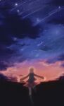  1girl black_footwear brown_hair cloud cloudy_sky hood hood_down hoodie idolmaster idolmaster_cinderella_girls long_sleeves meteor_shower naname_(fossama1) night night_sky outstretched_hand red_skirt short_hair skirt sky solo star_(sky) starry_sky sunset tada_riina 