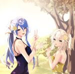  2girls absurdres blue_hair bracelet dondonanyan dress earrings eiyuu_densetsu fie_claussell grass green_eyes highres jewelry laura_s._arseid long_hair looking_at_viewer multiple_girls necklace outdoors ponytail sen_no_kiseki sen_no_kiseki_iv short_hair smile tree v white_hair yellow_eyes 