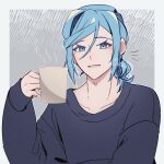  1boy aqua_eyes aqua_hair border commentary_request cup eyelashes grey_background grusha_(pokemon) hand_up highres holding holding_cup long_sleeves looking_at_viewer loose_hair_strand male_focus medium_hair mocacoffee_1001 mug open_mouth outside_border pokemon pokemon_(game) pokemon_sv shirt signature sleeves_past_wrists smile solo upper_body white_border 