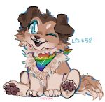  ambiguous_gender bandanna blue_eyes brown_body brown_fur canid canine canis cheek_tuft chest_tuft claws collie domestic_dog eyebrows facial_tuft fangs feral floppy_ears fluffy fluffy_tail fur hasbro head_tuft herding_dog hi_res kerchief lgbt_pride littlest_pet_shop lps_58 mammal moshpaws neck_tuft one_eye_closed open_mouth open_smile pastoral_dog pawpads paws pride_colors rainbow_pride_colors sheepdog sitting smile solo tail tan_body tan_fur teeth toe_claws tuft wink 