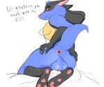  anthro anus balls black_body blue_body butt collar ears_back generation_4_pokemon genitals hepicant hi_res hybrid looking_at_viewer lucario male nintendo pink_nose pivoted_ears pokemon pokemon_(species) raised_tail red_eyes sitting smile solo spiked_collar spikes tail yellow_body 