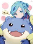 1boy blue_mittens blue_scarf blush closed_mouth commentary_request eyelashes green_eyes green_hair grusha_(pokemon) highres holding holding_pokemon jacket long_sleeves looking_at_viewer male_focus min_(myna8247) pokemon pokemon_(creature) pokemon_(game) pokemon_sv scarf speech_bubble spheal striped striped_scarf white_background yellow_jacket 