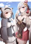  2girls absurdres acullllll animal_ears azur_lane black_headband blue_sky bodysuit bow breasts brown_eyes cape clenched_teeth cloud commission cosplay costume_switch cowboy_shot crow_mask fur-trimmed_kimono fur_collar fur_trim grey_cape grey_hair hamster_on_head hand_in_own_hair hand_on_own_chest headband highres ink_on_face japanese_clothes kantai_collection kimono long_hair long_sleeves mask medium_breasts multiple_girls name_connection neckerchief one_eye_closed one_side_up pixiv_commission pleated_skirt red_skirt school_uniform serafuku short_hair short_sleeves skirt sky smile suzutsuki_(azur_lane) suzutsuki_(kancolle) teeth thigh_strap white_bodysuit white_kimono white_neckerchief white_serafuku white_skirt 