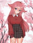  1girl alternate_costume animal_ears breasts cherry_blossoms closed_mouth earrings genshin_impact highres jewelry long_hair long_sleeves looking_at_viewer pink_hair purple_eyes red_shirt shirt single_earring skirt smile solo vickie_(cryingrobot) yae_miko 