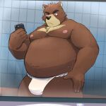  2023 7numpla anthro asian_clothing bear belly big_belly black_nose bodily_fluids brown_body bulge cellphone clothing east_asian_clothing fundoshi hi_res japanese_clothing juuichi_mikazuki kemono male mammal mirror_selfie moobs morenatsu nipples overweight overweight_male phone selfie smartphone solo sweat underwear white_clothing white_fundoshi white_underwear 