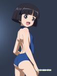  1girl artist_name ass black_hair blue_background blue_eyes blue_one-piece_swimsuit blush breasts contrapposto cowboy_shot dated girls_und_panzer highres looking_at_viewer median_furrow naotosi one-piece_swimsuit open_mouth shiny_skin short_hair shoulder_blades simple_background small_breasts smile solo sono_midoriko swimsuit 