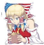  ! 1girl aaaa_(aaaa480) alternate_eye_color alternate_hair_color american_flag american_flag_bow american_flag_print ascot blonde_hair blue_eyes bow breasts burger closed_mouth collared_shirt commentary_request eating fingernails flag_print food frilled_hair_tubes frilled_shirt_collar frills hair_bow hair_tubes hakurei_reimu long_hair looking_down medium_bangs medium_breasts red_bow sarashi shirt sidelocks simple_background sleeveless sleeveless_shirt solo star_(symbol) star_print striped striped_bow touhou upper_body white_background white_bow yellow_ascot 