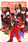  1boy 1girl black_cape blush brother_and_sister brown_footwear cape family_crest fate/grand_order fate_(series) gold_footwear hair_between_eyes hat hi_(wshw5728) highres military_hat oda_nobunaga_(fate) oda_uri open_smile peaked_cap red_cape red_eyes siblings smile twitter_username 