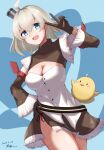  1girl :d ahoge azur_lane bird blue_eyes breasts brown_gloves brown_skirt brown_sleeves chick cleavage commentary_request cowboy_shot dated detached_sleeves fringe_trim gloves grey_hair hair_between_eyes hair_ornament hand_on_hip hand_up highres large_breasts looking_at_viewer manjuu_(azur_lane) miniskirt oklahoma_(azur_lane) open_mouth rakuza_(ziware30) shirt short_hair shrug_(clothing) side_slit sidelocks signature skirt smile smokestack standing strapless strapless_shirt v white_shirt 