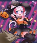  1girl absurdres animal_ear_fluff animal_ears arm_up black_gloves black_headwear black_skirt black_thighhighs breasts broom broom_riding candy cat_ears cat_girl ears_through_headwear elbow_gloves facial_mark fangs food gloves grey_hair halloween_costume hat heart high-waist_skirt highres holding holding_candy holding_food holding_lollipop indie_virtual_youtuber jack-o&#039;-lantern lollipop multicolored_hair onolumi_(vtuber) open_mouth orange_shirt purple_eyes red_hair second-party_source shadow shake_(noripasuta) shirt short_hair skirt solo streaked_hair striped striped_background swirl_lollipop thighhighs witch witch_hat wrapped_candy 