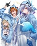  1boy 3girls animal_costume animal_hood blonde_hair breasts butterfly_hair_ornament embarrassed expressionless genshin_impact grey_hair hair_between_eyes hair_ornament halo highres hood long_hair long_sleeves lumine_(genshin_impact) mechanical_halo multiple_girls narwhal onesie open_mouth orange_hair paimon_(genshin_impact) pajamas pink_eyes pottsness short_hair short_hair_with_long_locks sidelocks skirk_(genshin_impact) smile stuffed_narwhal stuffed_toy tartaglia_(genshin_impact) very_long_hair whale white_hair yellow_eyes 