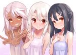  3girls bare_shoulders black_hair blush breasts brown_eyes camisole chloe_von_einzbern collarbone dark-skinned_female dark_skin double_v fate/kaleid_liner_prisma_illya fate_(series) grin hair_between_eyes hair_ornament hairclip half_updo illyasviel_von_einzbern long_hair looking_at_viewer miyu_edelfelt multiple_girls one_side_up orange_eyes pan_korokorosuke pink_hair red_eyes sidelocks small_breasts smile v white_camisole white_hair 