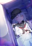  1girl anchor_symbol bed black_headwear black_sailor_collar closed_eyes flat_cap hands_on_own_chest hat hibiki_(kancolle) highres kantai_collection long_hair mok4suke neckerchief red_neckerchief sailor_collar sailor_shirt school_uniform serafuku shirt sleeping solo upper_body white_hair white_shirt 