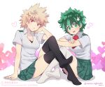  2girls ass bakugou_katsuki black_thighhighs blonde_hair boku_no_hero_academia breasts freckles genderswap genderswap_(mtf) green_eyes green_hair green_skirt hair_ornament medium_breasts midoriya_izuku multiple_girls necktie nightcat open_mouth rabbit_hair_ornament red_eyes red_necktie school_uniform short_hair skirt spiked_hair thighhighs u.a._school_uniform white_thighhighs x_hair_ornament 