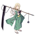  1girl arm_guards blush brown_eyes cosplay green_kimono holding holding_weapon honjou_kamatari honjou_kamatari_(cosplay) idolmaster idolmaster_cinderella_girls japanese_clothes kimono kusarigama light_brown_hair long_hair morikubo_nono polearm ringlets rurouni_kenshin short_sleeves sickle simple_background socks solo sweat tabi tasuki uccow weapon white_background white_socks zouri 