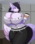  2023 anthro beverage big_breasts bottomwear breasts business_suit button_pop canid canine canis cel_shading cheek_tuft chest_tuft cleavage clothed clothing coffee digital_media_(artwork) dress_shirt emma_(nightlyflare) facial_tuft female flyingtrace fur glowing glowing_eyes hair hi_res huge_breasts mammal pants purple_eyes shaded shirt signature solo suit text thick_thighs topwear torn_clothing tuft unimpressed url wardrobe_malfunction wide_hips wolf 