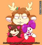  anthro antlers black_pupils braces brown_body brown_hair buckteeth clothing deer doll female freckles hair horn mammal orange_background pupils renita_reed_(character) simple_background solo spanish_text sweater teeth text thedeathcrow05 topwear 