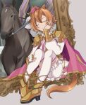  1boy 1girl cape closed_eyes commentary creature_and_personification full_body hair_between_eyes highres horse horse_girl jockey orange_hair photo-referenced pink_cape real_life short_hair sitting t.m._opera_o_(racehorse) t.m._opera_o_(umamusume) thighhighs umamusume usako_(umauma0602) wada_ryuji white_thighhighs yellow_footwear 