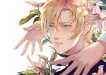  1boy 1other ash_lynx banana_fish bishounen blonde_hair brown_eyes brown_hair close-up crying crying_with_eyes_open dappled_sunlight flower green_eyes highres lily_(flower) looking_to_the_side male_focus okumura_eiji open_mouth out_of_frame pink_flower plant portrait short_hair sunlight teardrop tears vidave1 white_background 
