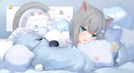  1girl :d amashiro_natsuki animal_ears bed_sheet blue_eyes blue_jacket cat_ears cat_girl cat_tail character_name commentary fang grey_hair hair_between_eyes hair_ornament highres indie_virtual_youtuber jacket long_sleeves looking_at_viewer lying nachoneko nyan object_hug on_stomach open_clothes open_jacket pillow pillow_hug plaid plaid_skirt pleated_skirt puffy_long_sleeves puffy_sleeves romaji_text shirt skirt sleeves_past_fingers sleeves_past_wrists smile solo symbol-only_commentary tail virtual_youtuber white_shirt white_skirt 