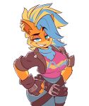  2021 activision anthro belt breasts clothing crash_bandicoot_(series) ear_piercing ear_ring female fingerless_gloves fur gloves gogomrdodo hair handwear hi_res jacket looking_at_viewer mammal marsupial multicolored_hair narrowed_eyes orange_body orange_fur piercing pirate_tawna ring_piercing scarf simple_background smile solo topwear white_background 