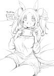 +_+ 1girl :d absurdres animal_ears breasts commentary_request greyscale hands_up highres holding horse_ears horse_girl horse_tail large_breasts long_hair long_sleeves looking_at_viewer marvelous_sunday_(umamusume) monochrome mukouhara_shiryuu parted_bangs pillow shirt short_shorts shorts simple_background smile solo tail translation_request twintails umamusume white_background 