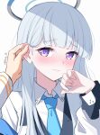  1boy 1girl blue_archive blue_necktie blunt_bangs blush closed_mouth collared_shirt ear_blush furrowed_brow grey_hair hair_behind_ear halo hand_on_another&#039;s_ear highres long_hair long_sleeves looking_at_viewer necktie noa_(blue_archive) pov pov_hands purple_eyes reia_76 sensei_(blue_archive) shirt twitter_username white_background white_shirt 