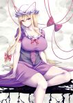  1girl blonde_hair bow breasts cleavage closed_mouth commentary cross-laced_clothes hair_bow hat hat_ribbon highres large_breasts long_hair looking_at_viewer mirufui mob_cap red_bow red_ribbon ribbon sitting solo touhou white_background white_headwear yakumo_yukari yellow_eyes 