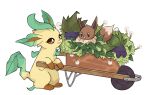  :d brown_eyes closed_mouth commentary eevee english_commentary flower highres leaf leafeon looking_at_another mjoyart no_humans oddish open_mouth plant pokemon pokemon_(creature) simple_background smile wheelbarrow white_background white_flower 
