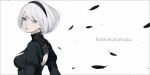  1girl back_cutout black_border black_feathers black_hairband blue_eyes border clothing_cutout copyright_name d.k falling_feathers feathers hair_over_one_eye hairband looking_at_viewer mole mole_under_mouth nier:automata nier_(series) no_blindfold parted_lips red_lips short_hair solo upper_body white_background white_hair yorha_no._2_type_b 