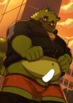  2023 anthro balls belly big_belly black_nose blush bottomwear bottomwear_down canid canine censored clothed clothing detailed_background erection eyewear genitals glasses green_body hi_res hisbam_hisbam kemono male mammal outside overweight overweight_male pants pants_down partially_clothed penis raccoon_dog solo tanuki underwear 