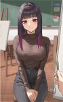  1girl anteiru black_hair blue_pants blurry blurry_background blush breasts brown_eyes canvas_(object) gradient_hair highres large_breasts long_hair long_sleeves looking_at_viewer mole mole_under_eye multicolored_hair original own_hands_together pants pencil pov purple_hair smile turtleneck 
