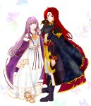  1boy 1girl black_cape black_coat boots brother_and_sister cape circlet coat dress facial_mark fire_emblem fire_emblem:_genealogy_of_the_holy_war forehead_mark jewelry julia_(fire_emblem) julius_(fire_emblem) long_hair looking_at_viewer purple_cape purple_eyes purple_hair red_hair sandals siblings simple_background standing twins youseinomori 